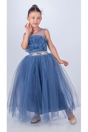 Sapes Model Sırt Gipeli Tüllü Kız Çocuk Askılı Saten Abiye MNK0618