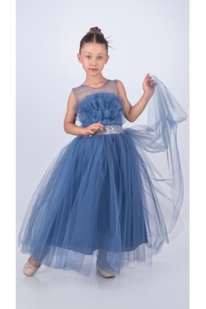 Sapes Model Sırt Gipeli Tüllü Kız Çocuk Askılı Saten Abiye MNK0618