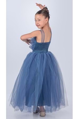 Sapes Model Sırt Gipeli Tüllü Kız Çocuk Askılı Saten Abiye MNK0618