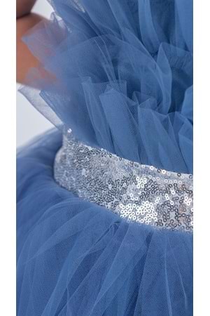 Sapes Model Sırt Gipeli Tüllü Kız Çocuk Askılı Saten Abiye MNK0618