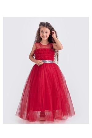 Sapes Model Sırt Gipeli Tüllü Kız Çocuk Askılı Saten Abiye MNK0618