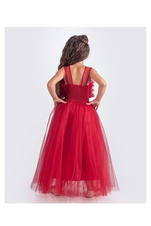 Sapes Model Sırt Gipeli Tüllü Kız Çocuk Askılı Saten Abiye MNK0618