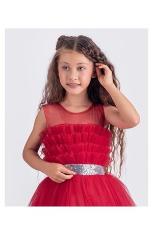 Sapes Model Sırt Gipeli Tüllü Kız Çocuk Askılı Saten Abiye MNK0618