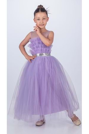 Sapes Model Sırt Gipeli Tüllü Kız Çocuk Askılı Saten Abiye MNK0618