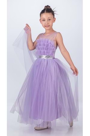 Sapes Model Sırt Gipeli Tüllü Kız Çocuk Askılı Saten Abiye MNK0618