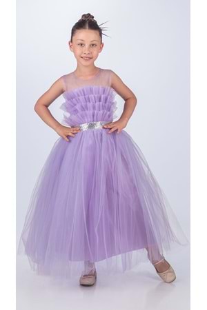 Sapes Model Sırt Gipeli Tüllü Kız Çocuk Askılı Saten Abiye MNK0618