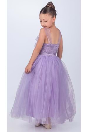 Sapes Model Sırt Gipeli Tüllü Kız Çocuk Askılı Saten Abiye MNK0618