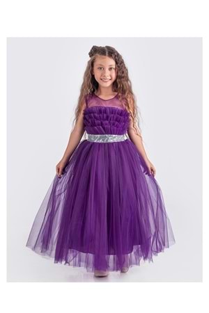 Sapes Model Sırt Gipeli Tüllü Kız Çocuk Askılı Saten Abiye MNK0618