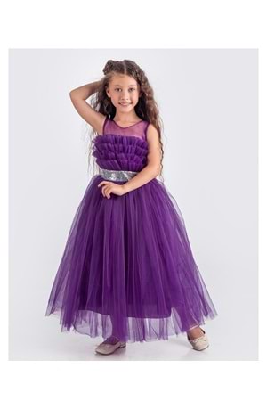 Sapes Model Sırt Gipeli Tüllü Kız Çocuk Askılı Saten Abiye MNK0618