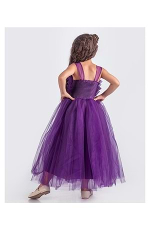 Sapes Model Sırt Gipeli Tüllü Kız Çocuk Askılı Saten Abiye MNK0618