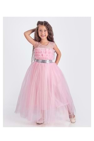 Sapes Model Sırt Gipeli Tüllü Kız Çocuk Askılı Saten Abiye MNK0618