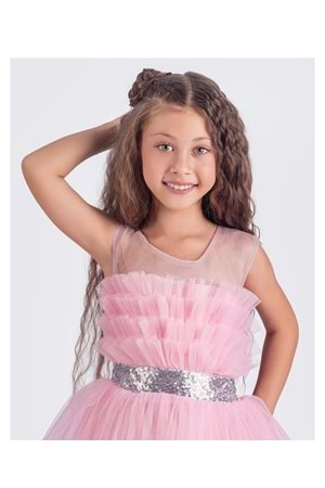 Sapes Model Sırt Gipeli Tüllü Kız Çocuk Askılı Saten Abiye MNK0618