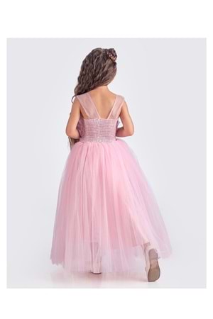 Sapes Model Sırt Gipeli Tüllü Kız Çocuk Askılı Saten Abiye MNK0618