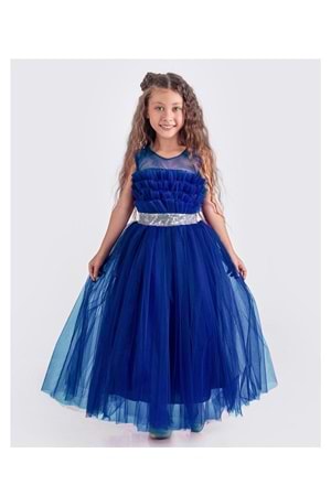 Sapes Model Sırt Gipeli Tüllü Kız Çocuk Askılı Saten Abiye MNK0618