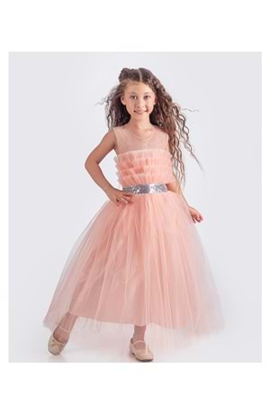 Sapes Model Sırt Gipeli Tüllü Kız Çocuk Askılı Saten Abiye MNK0618