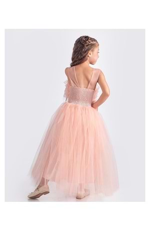 Sapes Model Sırt Gipeli Tüllü Kız Çocuk Askılı Saten Abiye MNK0618