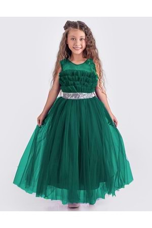 Sapes Model Sırt Gipeli Tüllü Kız Çocuk Askılı Saten Abiye MNK0618