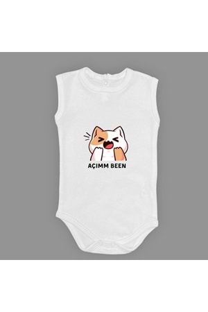 Açım Ben Kedi Baskılı Bebek Kolsuz Body Zıbın Çıtçıtlı Badi MNK0631