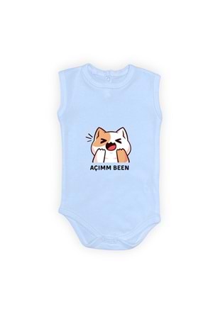 Açım Ben Kedi Baskılı Bebek Kolsuz Body Zıbın Çıtçıtlı Badi MNK0631