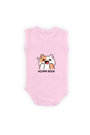 Açım Ben Kedi Baskılı Bebek Kolsuz Body Zıbın Çıtçıtlı Badi MNK0631