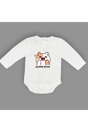 Açım Ben Kedi Baskılı Bebek Uzun Kol Body Zıbın Çıtçıtlı Badi MNK0631