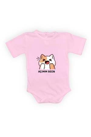 Açım Ben Kedi Baskılı Bebek Kısa Kol Body Zıbın Çıtçıtlı Badi MNK0631