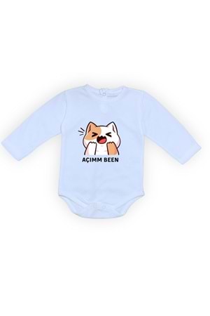 Açım Ben Kedi Baskılı Bebek Uzun Kol Body Zıbın Çıtçıtlı Badi MNK0631