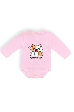 Açım Ben Kedi Baskılı Bebek Uzun Kol Body Zıbın Çıtçıtlı Badi MNK0631