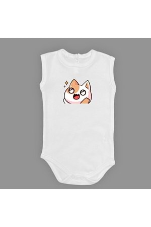 Gözleri Parlayan Kedi Baskılı Bebek Body Zıbın Çıtçıtlı Badi