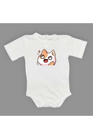Gözleri Parlayan Kedi Baskılı Bebek Body Zıbın Çıtçıtlı Badi