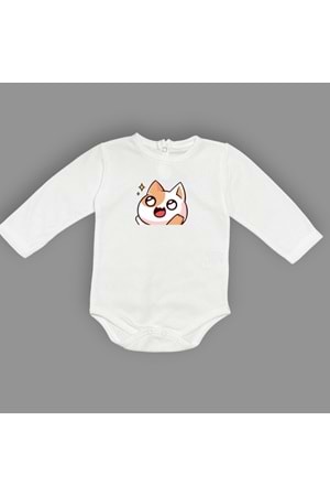 Gözleri Parlayan Kedi Baskılı Bebek Body Zıbın Çıtçıtlı Badi