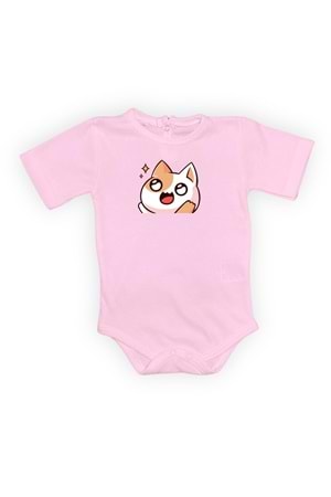 Gözleri Parlayan Kedi Baskılı Bebek Body Zıbın Çıtçıtlı Badi