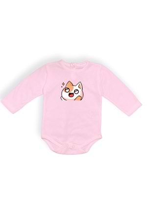 Gözleri Parlayan Kedi Baskılı Bebek Body Zıbın Çıtçıtlı Badi