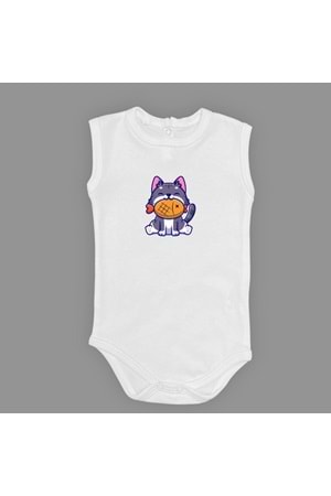 Baskılı Balıklı Kedi Bebek Çıtçıtlı Body - MNK0658-AÇIK EKRU-1 YAŞ