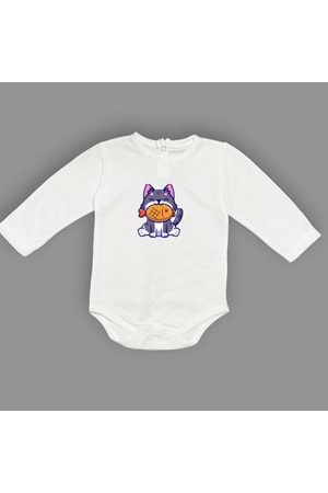 Baskılı Balıklı Kedi Bebek Çıtçıtlı Body - MNK0658-EKRU-1 YAŞ