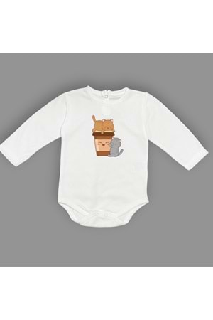 Baskılı Kahve Seven Kediler Bebek Çıtçıtlı Body - MNK0659-EKRU-1 YAŞ