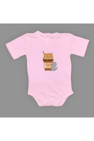 Baskılı Kahve Seven Kediler Bebek Çıtçıtlı Body - MNK0659-KOYU PEMBE-6 AY