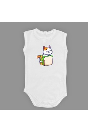 Baskılı Tost Kedi Bebek Çıtçıtlı Body - MNK0660-AÇIK EKRU-6 AY