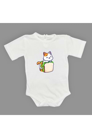 Baskılı Tost Kedi Bebek Çıtçıtlı Body - MNK0660-BEYAZ-6 AY