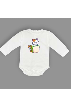 Baskılı Tost Kedi Bebek Çıtçıtlı Body - MNK0660-EKRU-6 AY