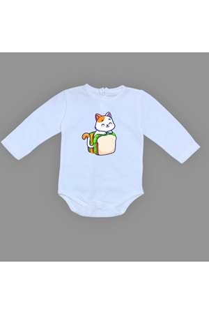 Baskılı Tost Kedi Bebek Çıtçıtlı Body - MNK0660-MAVİ-6 AY