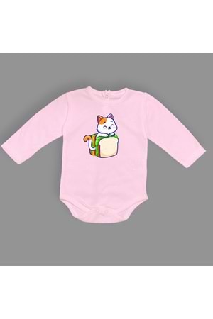 Baskılı Tost Kedi Bebek Çıtçıtlı Body - MNK0660-PEMBE-6 AY