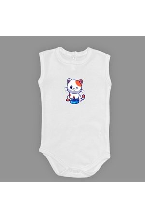 Baskılı Mama Yiyen kedi Bebek Çıtçıtlı Body - MNK0661-AÇIK EKRU-6 AY