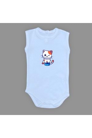 Baskılı Mama Yiyen kedi Bebek Çıtçıtlı Body - MNK0661-AÇIK MAVİ-6 AY