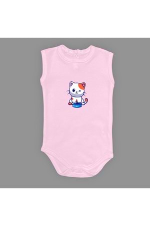 Baskılı Mama Yiyen kedi Bebek Çıtçıtlı Body - MNK0661-AÇIK PEMBE-6 AY