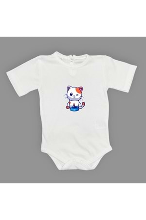 Baskılı Mama Yiyen kedi Bebek Çıtçıtlı Body - MNK0661-BEYAZ-6 AY