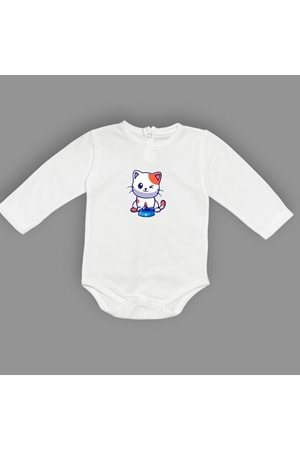 Baskılı Mama Yiyen kedi Bebek Çıtçıtlı Body - MNK0661-EKRU-6 AY