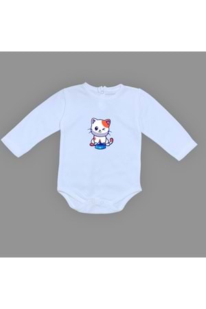 Baskılı Mama Yiyen kedi Bebek Çıtçıtlı Body - MNK0661-MAVİ-6 AY