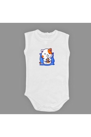 Baskılı Pizza Yiyen kedi Bebek Çıtçıtlı Body - MNK0662-AÇIK EKRU-6 AY