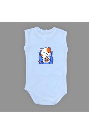 Baskılı Pizza Yiyen kedi Bebek Çıtçıtlı Body - MNK0662-AÇIK MAVİ-6 AY